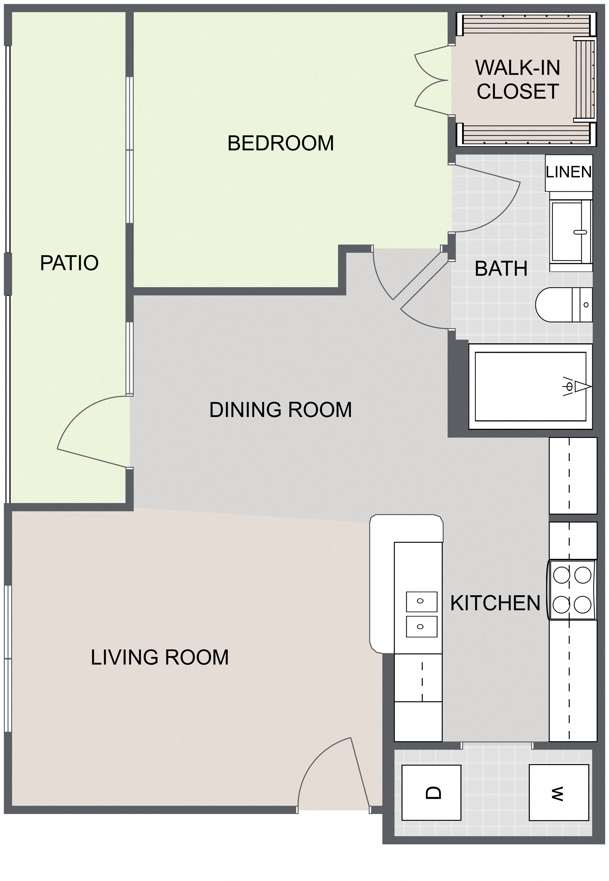 Floor plan for 1 bed, 1 bath, 717 sqft